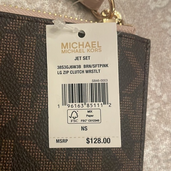 Brand New Michael Kors Brown & Soft Pink Logo Large Zippered Clutch Wristlet - Picture 8 of 15